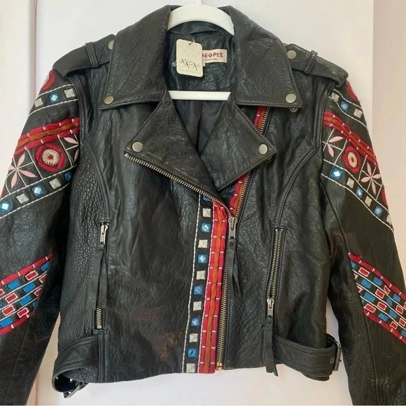 NWT Free People Mari Leather Moto Jacket Embroidered Black - Picture 6 of 17